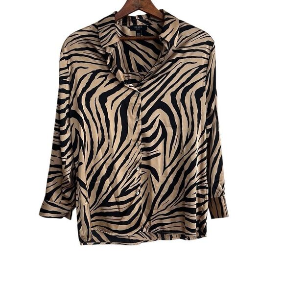 Haver London Animal Print Satin Long Sleeve Button Front Blouse Tan Black Sz XS - Picture 2 of 9